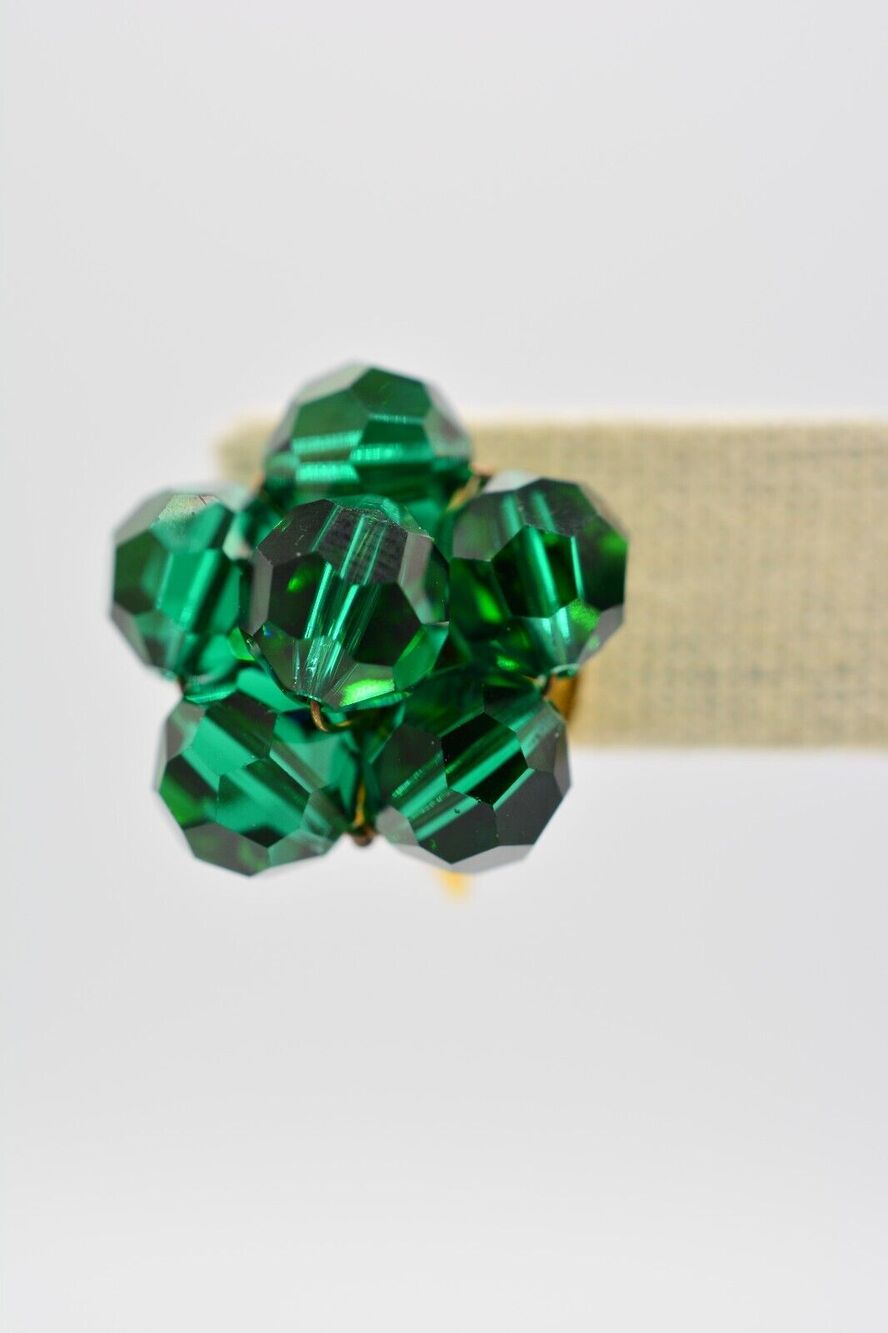 Excel Vintage Crystal Clip On Earrings Green Cluster Gold Sparkling Signed Bin1